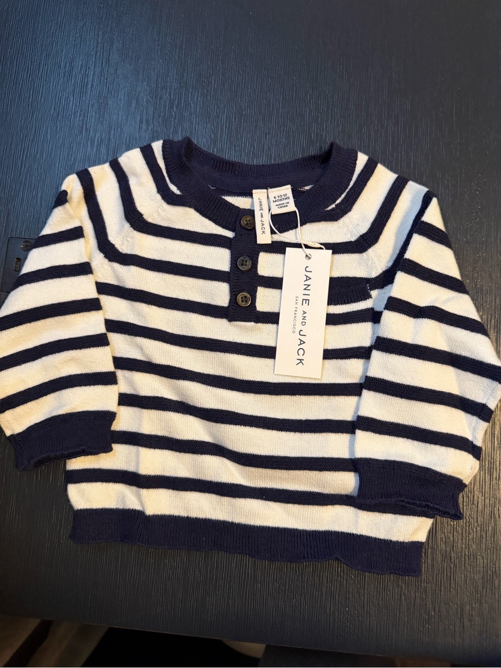 Janie and Jack Navy & White Striped Knit Henley Sweater -6 to 12 Months